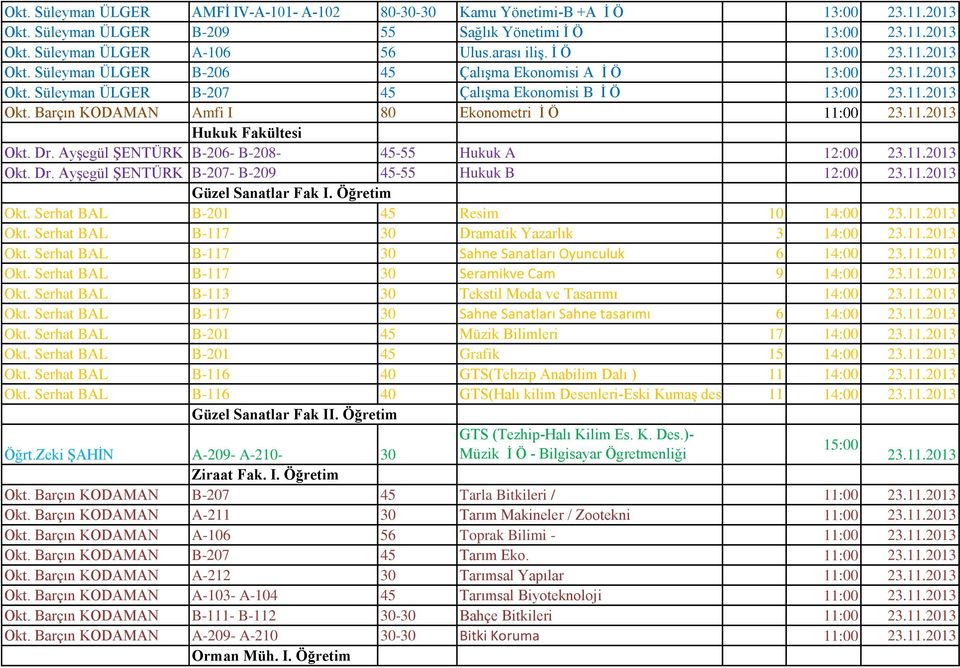 11.2013 Hukuk Fakültesi Okt. Dr. Ayşegül ŞENTÜRK B-206- B-208-45-55 Hukuk A 12:00 23.11.2013 Okt. Dr. Ayşegül ŞENTÜRK B-207- B-209 45-55 Hukuk B 12:00 23.11.2013 Güzel Sanatlar Fak I. Öğretim Okt.