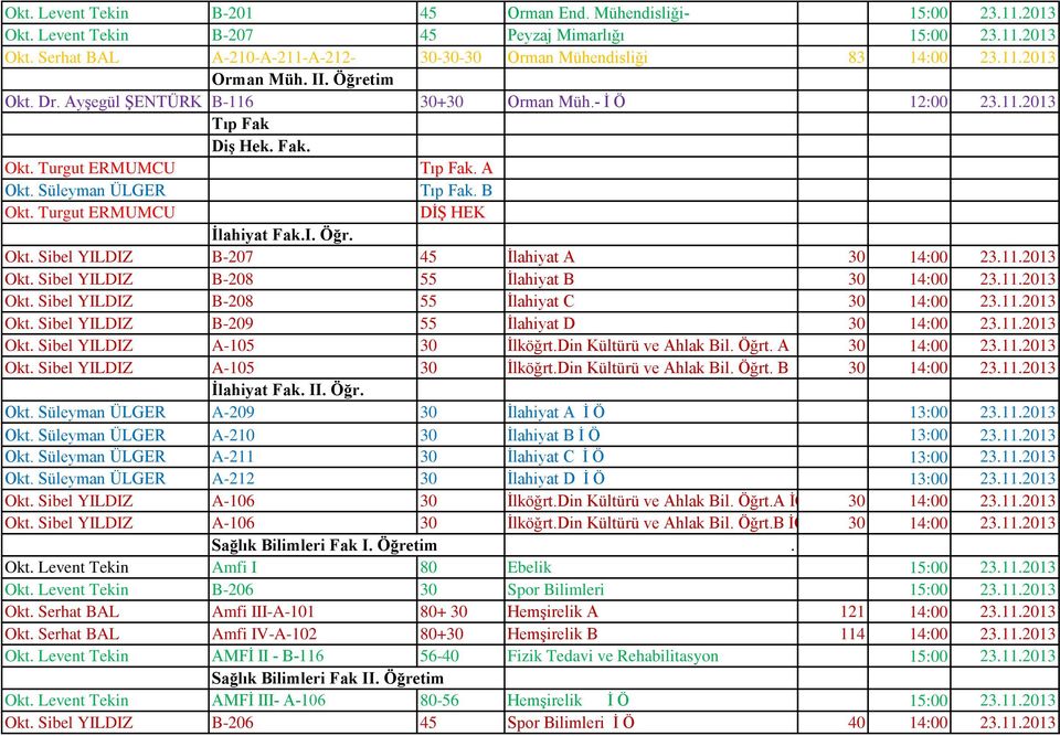 Turgut ERMUMCU DİŞ HEK İlahiyat Fak.I. Öğr. Okt. Sibel YILDIZ B-207 45 İlahiyat A 30 14:00 23.11.2013 Okt. Sibel YILDIZ B-208 55 İlahiyat B 30 14:00 23.11.2013 Okt. Sibel YILDIZ B-208 55 İlahiyat C 30 14:00 23.