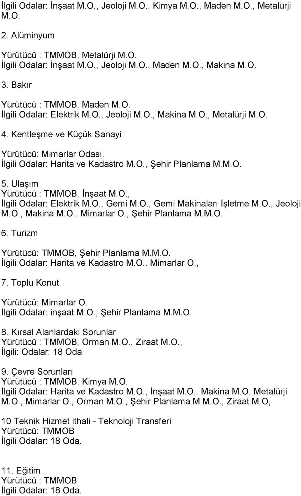 M.O. 5. Ulaşõm Yürütücü : TMMOB, İnşaat M.O., İlgili Odalar: Elektrik M.O., Gemi M.O., Gemi Makinalarõ İşletme M.O., Jeoloji M.O., Makina M.O.. Mimarlar O., Şehir Planlama M.M.O. 6.