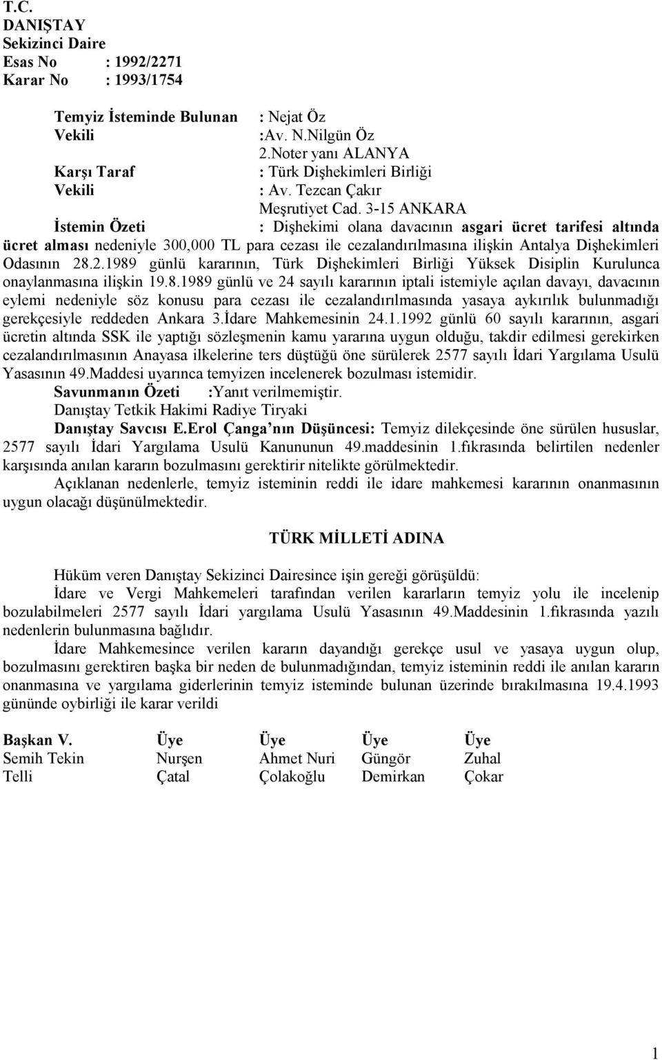 3-15 ANKARA İstemin Özeti : Dişhekimi olana davacının asgari ücret tarifesi altında ücret alması nedeniyle 300,000 TL para cezası ile cezalandırılmasına ilişkin Antalya Dişhekimleri Odasının 28