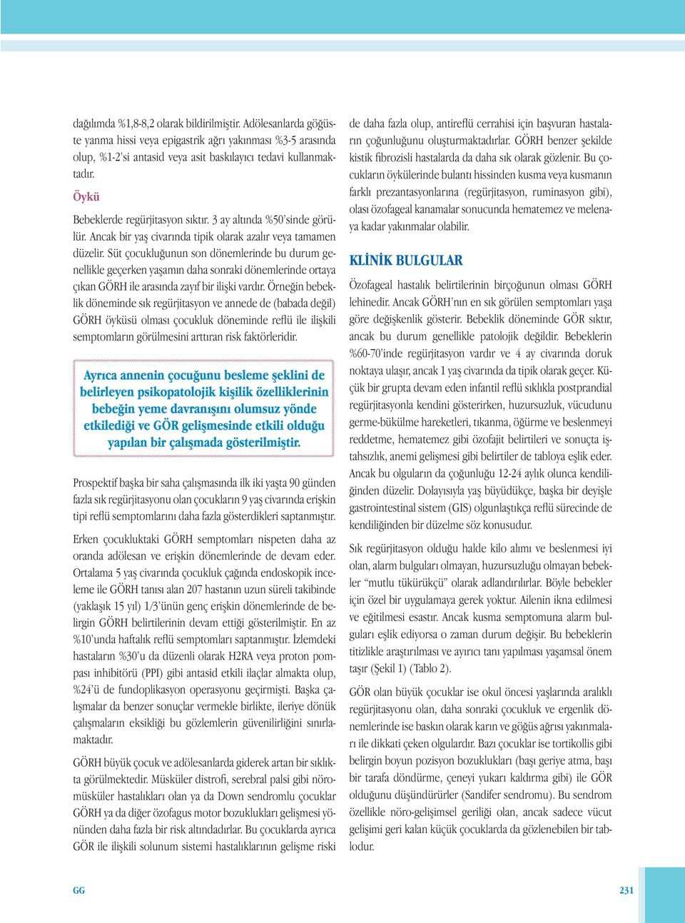 Süt çocukluğunun son dönemlerinde bu durum genellikle geçerken yaşamın daha sonraki dönemlerinde ortaya çıkan GÖRH ile arasında zayıf bir ilişki vardır.