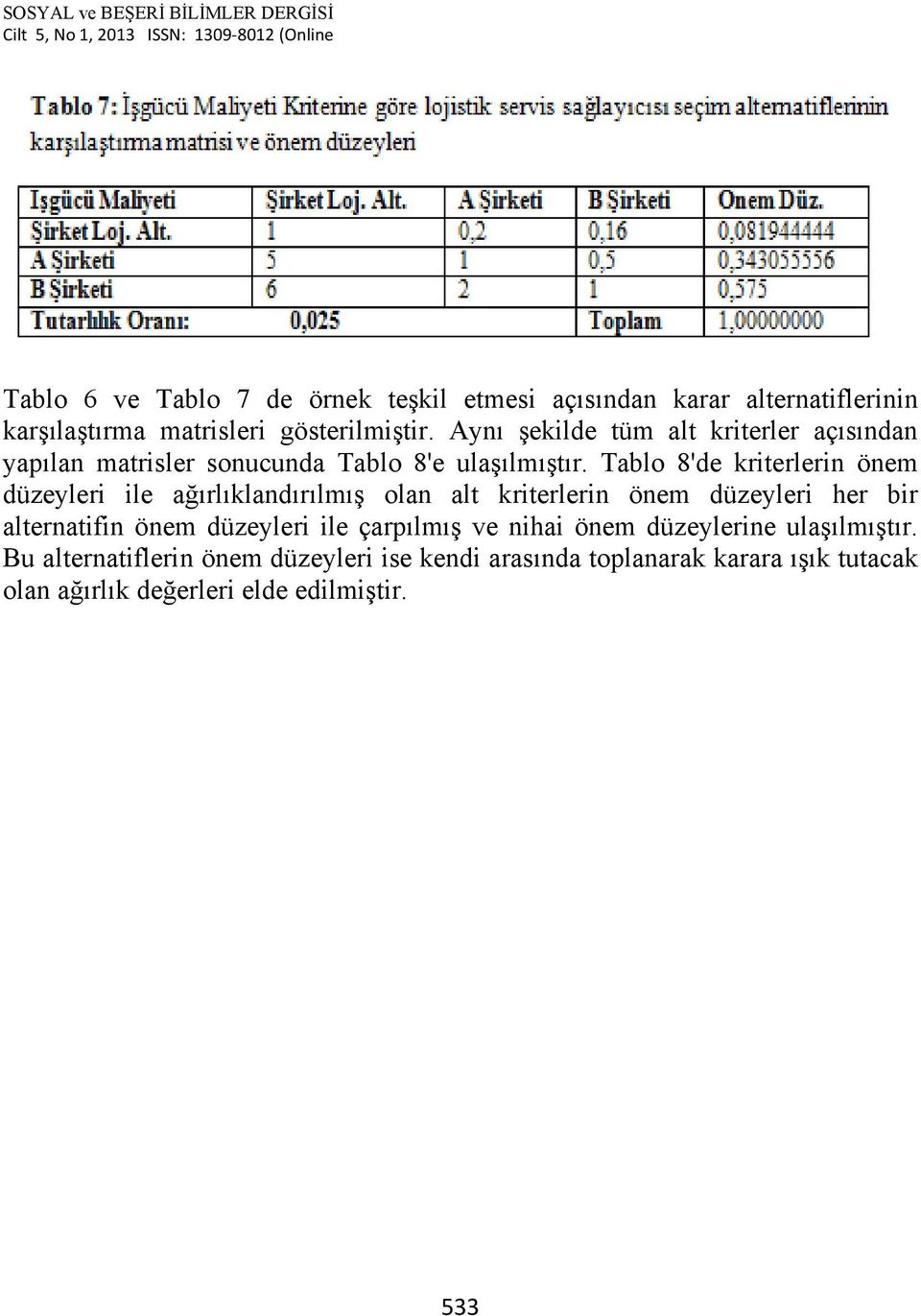 Tablo 8'de kriterlerin önem düzeyleri ile ağırlıklandırılmış olan alt kriterlerin önem düzeyleri her bir alternatifin önem