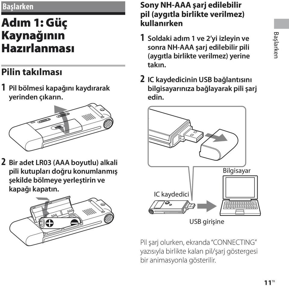 verilmez) yerine takın. 2 IC kaydedicinin USB bağlantısını bilgisayarınıza bağlayarak pili şarj edin.