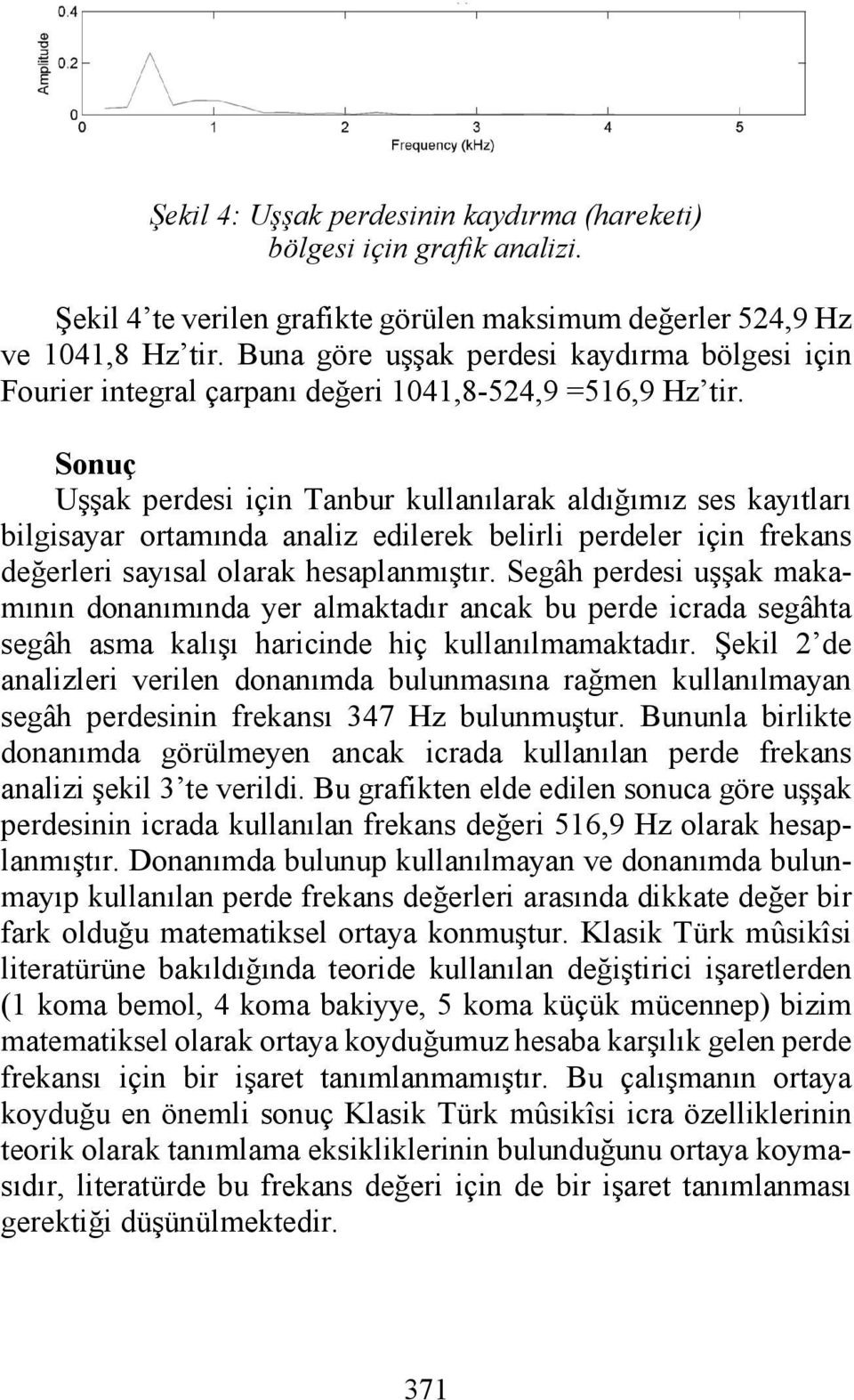 Sonuç Uşşak perdesi için Tanbur kullanılarak aldığımız ses kayıtları bilgisayar ortamında analiz edilerek belirli perdeler için frekans değerleri sayısal olarak hesaplanmıştır.