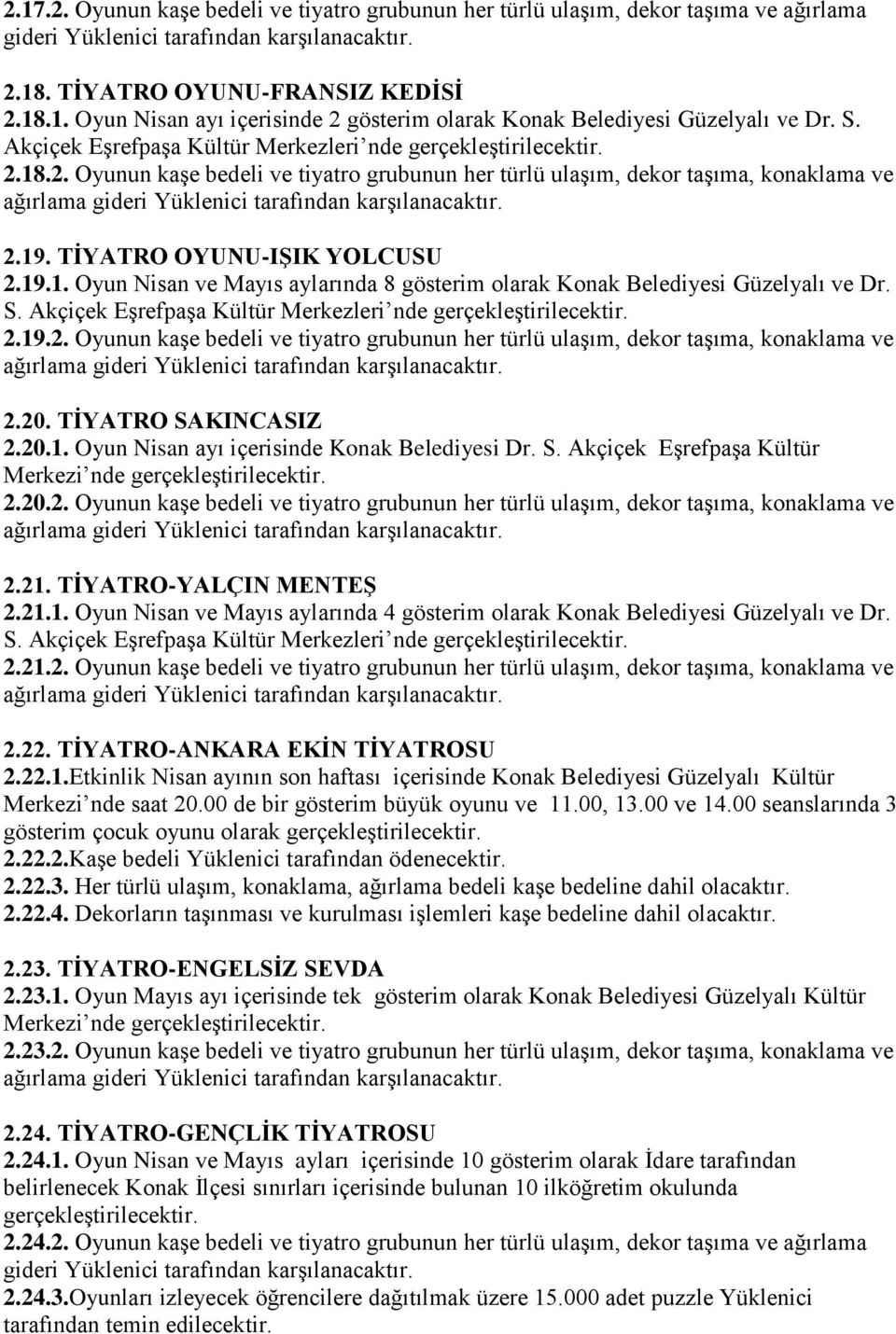 18.2. Oyunun kaşe bedeli ve tiyatro grubunun her türlü ulaşım, dekor taşıma, konaklama ve ağırlama gideri Yüklenici tarafından karşılanacaktır. 2.19. TİYATRO OYUNU-IŞIK YOLCUSU 2.19.1. Oyun Nisan ve Mayıs aylarında 8 gösterim olarak Konak Belediyesi Güzelyalı ve Dr.