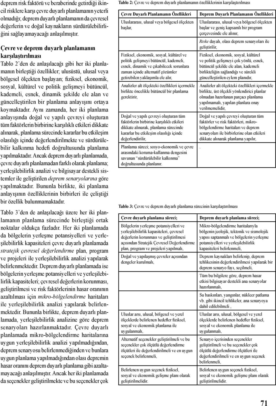 Çevre ve deprem duyarlı planlamanın karşılaştırılması Tablo 2 den de anlaşılacağı gibi her iki planlamanın birleştiği özellikler; ulusüstü, ulusal veya bölgesel ölçekten başlayan; fiziksel, ekonomik,