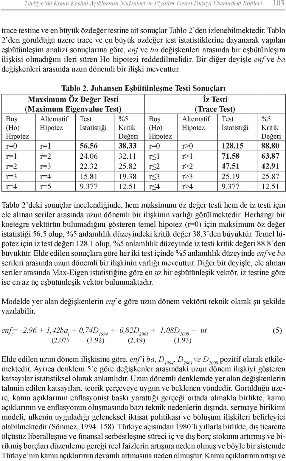 olmadığını ileri süren Ho hipotezi reddedilmelidir. Bir diğer deyişle enf ve ba değişkenleri arasında uzun dönemli bir ilişki mevcuttur. Boş (Ho) Hipotez Tablo 2.