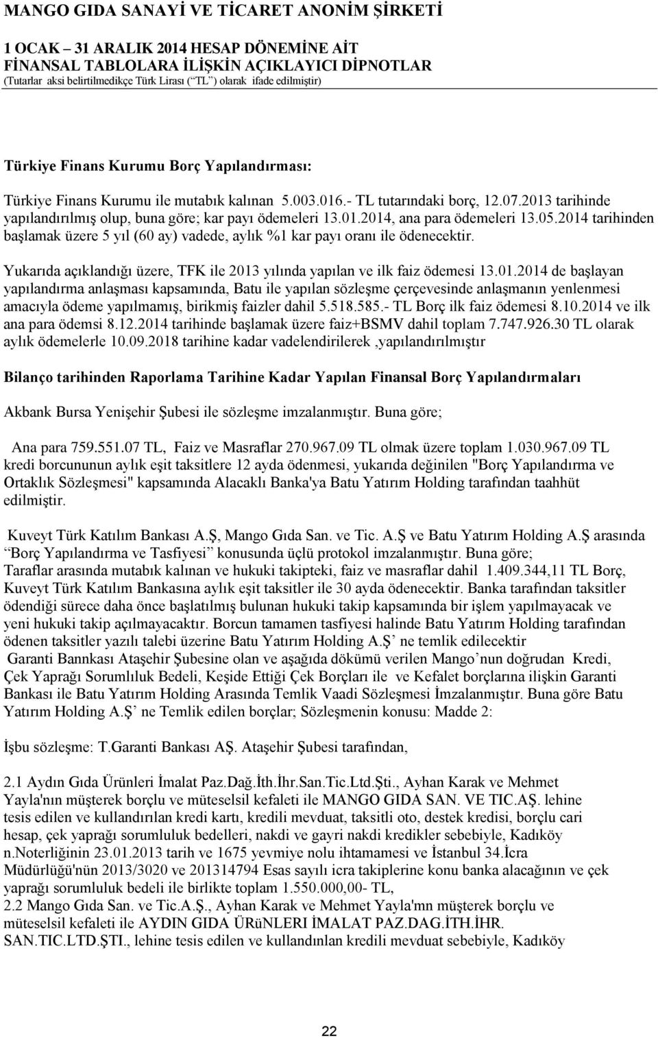 518.585.- TL Borç ilk faiz ödemesi 8.10.2014 ve ilk ana para ödemsi 8.12.2014 tarihinde baģlamak üzere faiz+bsmv dahil toplam 7.747.926.30 TL olarak aylık ödemelerle 10.09.