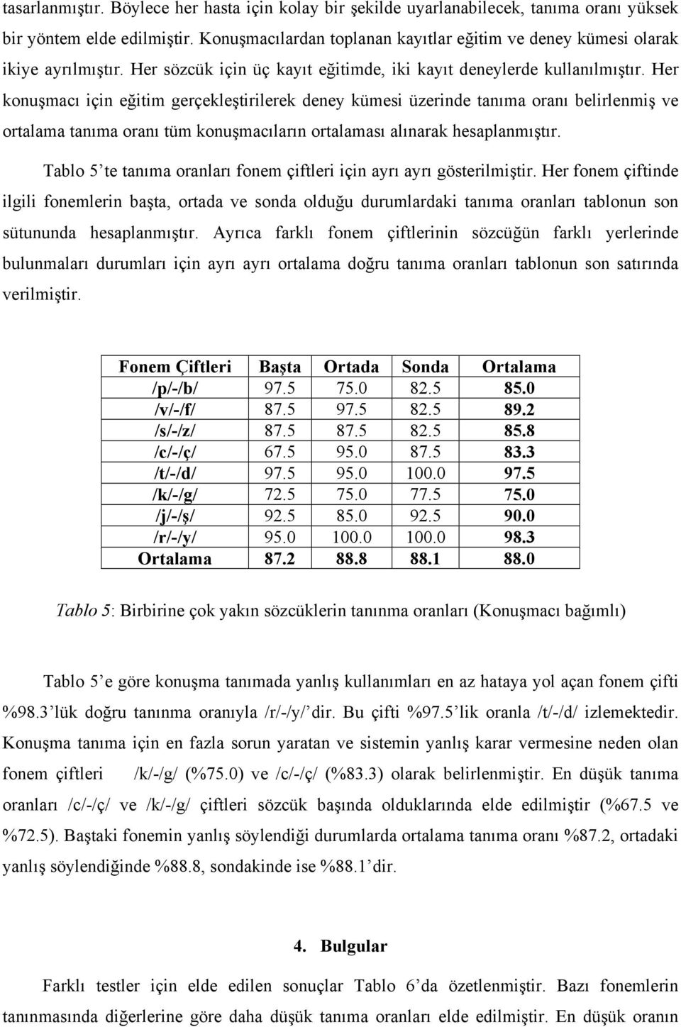 Her konuşmacı için eğitim gerçekleştirilerek deney kümesi üzerinde tanıma oranı belirlenmiş ve ortalama tanıma oranı tüm konuşmacıların ortalaması alınarak hesaplanmıştır.