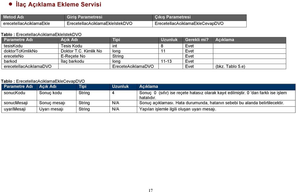 Kimlik No long 11 Evet ereceteno E-Reçete No String Evet barkod İlaç barkodu long 11-13 Evet ereceteilacaciklamadvo EreceteAciklamaDVO Evet (bkz.