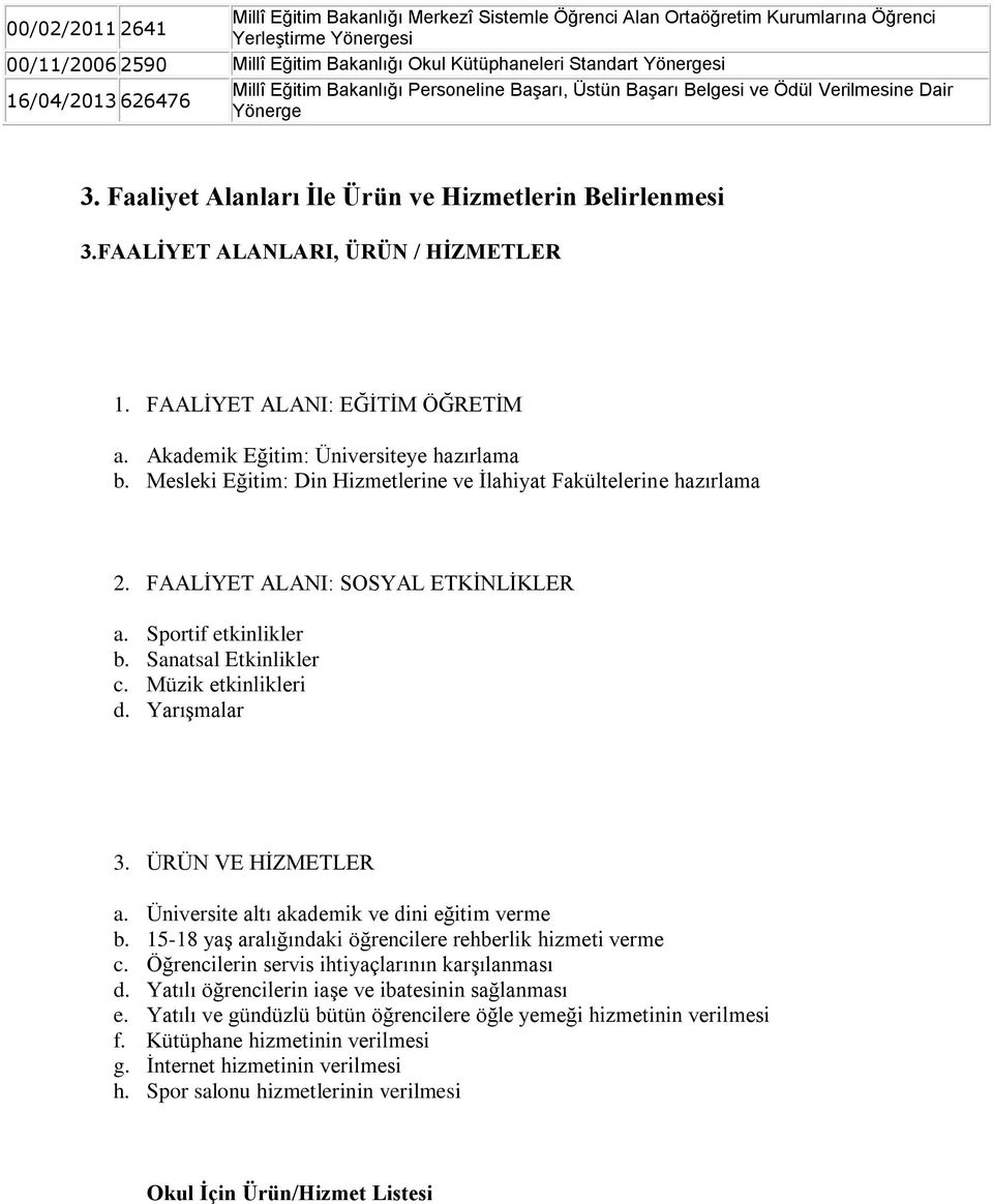 FAALİYET ALANLARI, ÜRÜN / HİZMETLER FAALİYET ALANI: EĞİTİM ÖĞRETİM a. Akademik Eğitim: Üniversiteye hazırlama b. Mesleki Eğitim: Din Hizmetlerine ve İlahiyat Fakültelerine hazırlama 2.