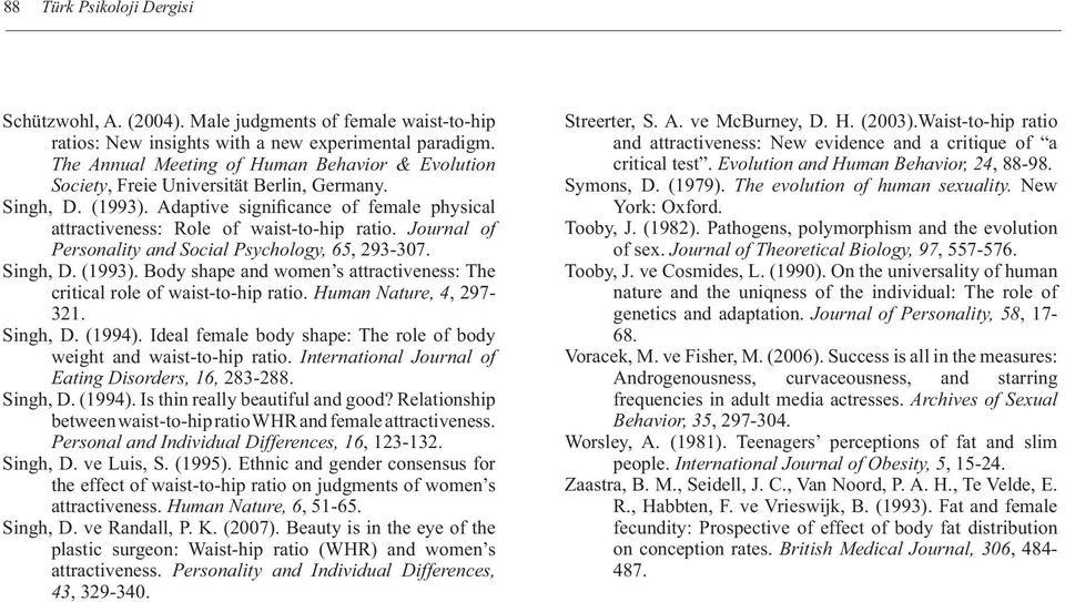 Journal of Personality and Social Psychology, 65, 293-307. Singh, D. (1993). Body shape and women s attractiveness: The critical role of waist-to-hip ratio. Human Nature, 4, 297-321. Singh, D. (1994).