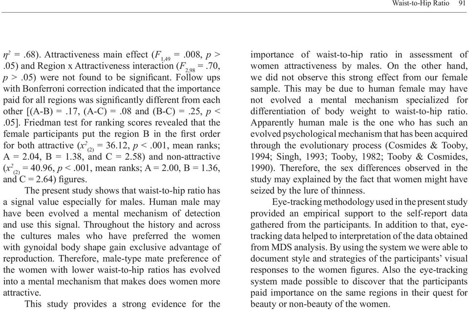 Friedman test for ranking scores revealed that the female participants put the region B in the first order for both attractive (x 2 = 36.12, p <.001, mean ranks; (2) A = 2.04, B = 1.38, and C = 2.