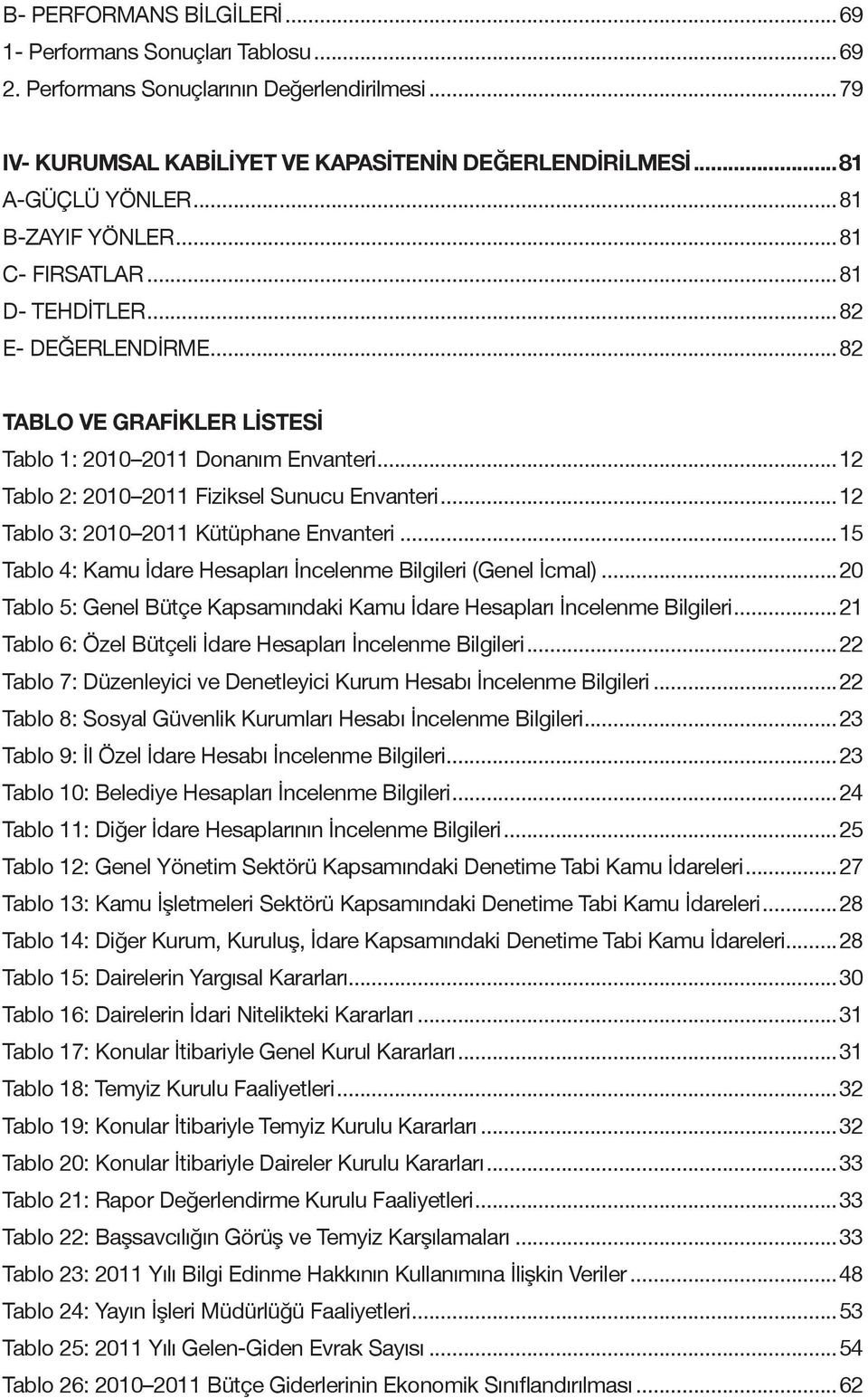 ..12 Tablo 3: 2010 2011 Kütüphane Envanteri...15 Tablo 4: Kamu İdare Hesapları İncelenme Bilgileri (Genel İcmal)...20 Tablo 5: Genel Bütçe Kapsamındaki Kamu İdare Hesapları İncelenme Bilgileri.