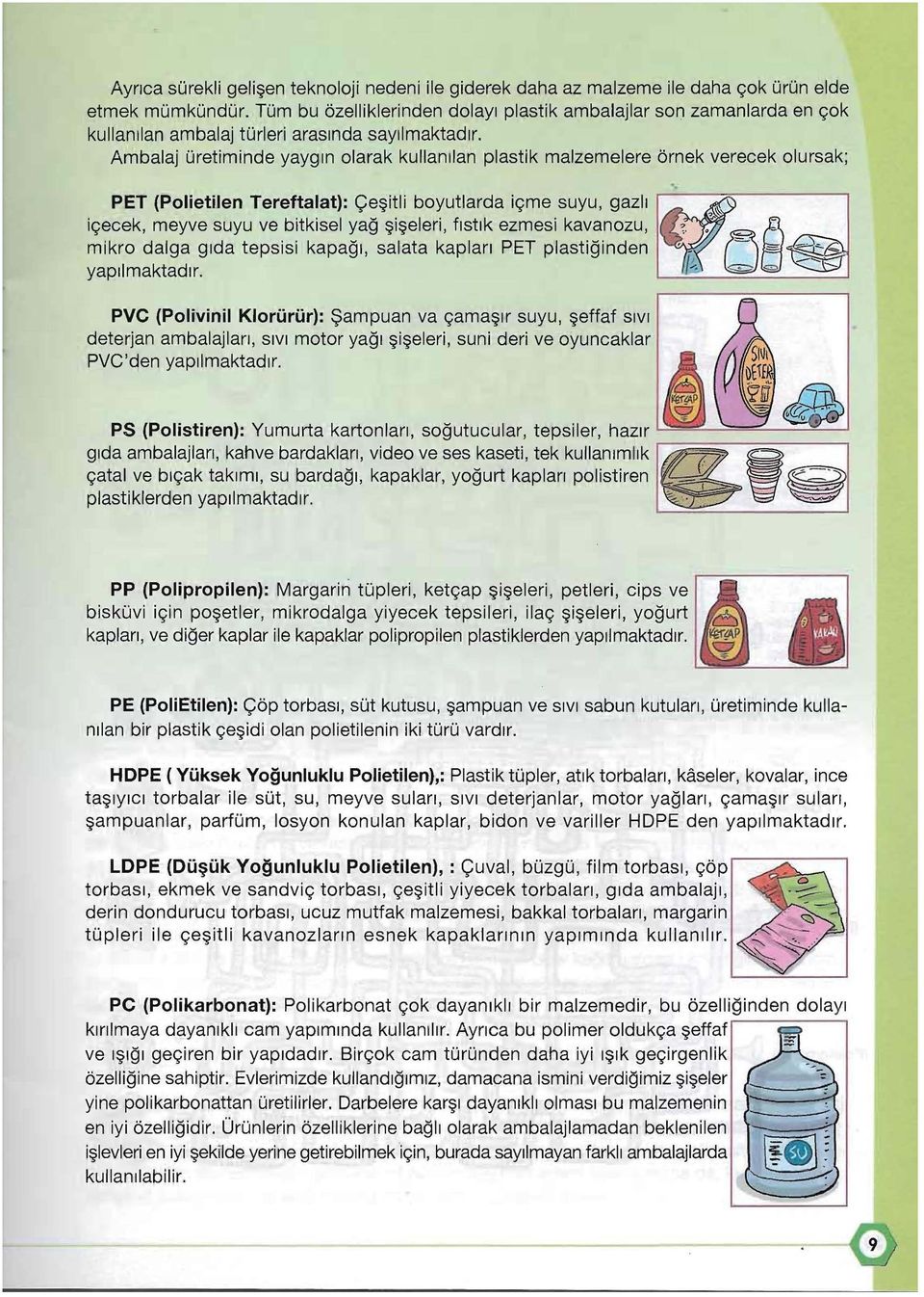 Ambalaj uretiminde yaygln olarak kullanllan plastik malzemelere ornek verecek olursak; <f1/c PET (Polietilen Tereftalat): Qe~itli boyutlarda iyme suyu, gazll 0-8 flstlk ezmesi kavanozu, iyecek, meyve