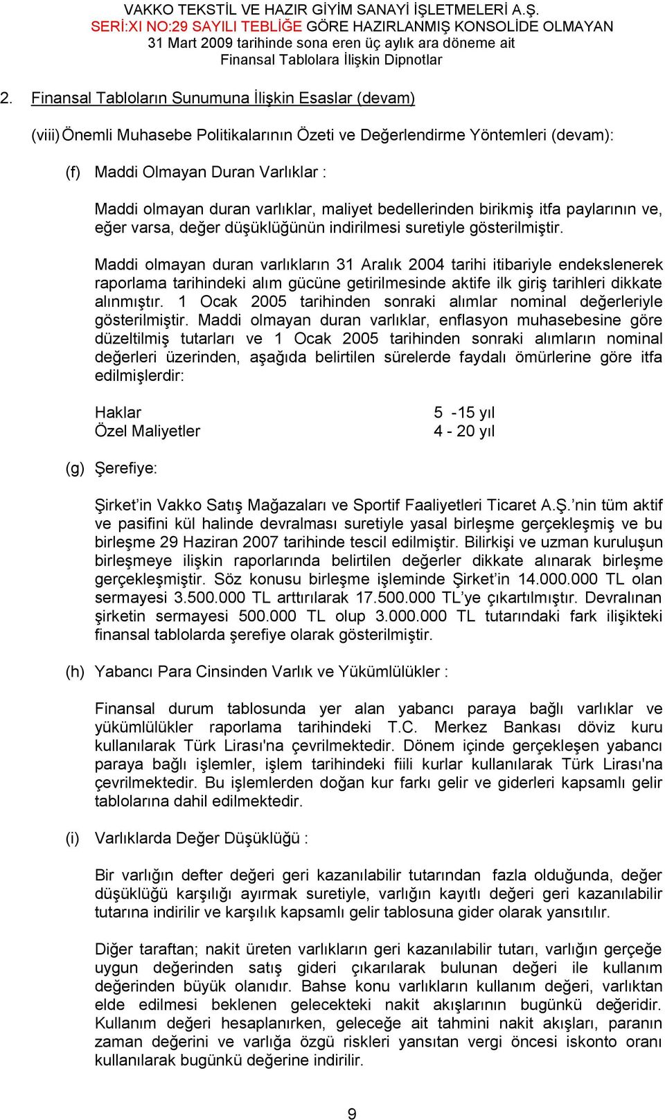 Maddi olmayan duran varlıkların 31 Aralık 2004 tarihi itibariyle endekslenerek raporlama tarihindeki alım gücüne getirilmesinde aktife ilk giriş tarihleri dikkate alınmıştır.