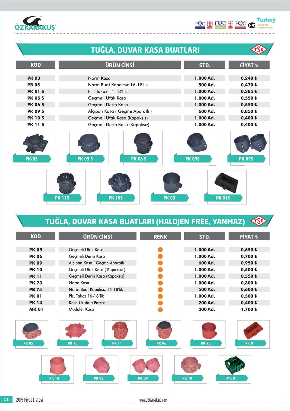 PK05 PK 05 S PK 06 S PK 09S PK 09S PK S PK 0S PK 03 PK 0S TUĞLA, DUVAR KASA BUATLARI (HALOJEN FREE, YANMAZ) RENK STD.