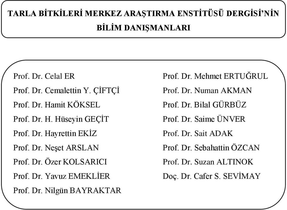 Dr. Yavuz EMEKLİER Prof. Dr. Nilgün BAYRAKTAR Prof. Dr. Mehmet ERTUĞRUL Prof. Dr. Numan AKMAN Prof. Dr. Bilal GÜRBÜZ Prof.