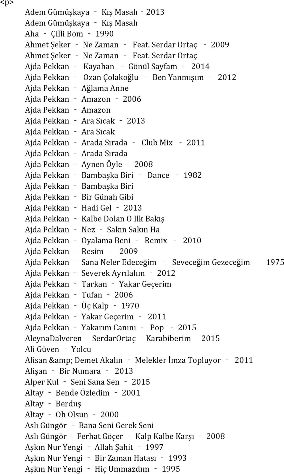 Pekkan Ara Sıcak Ajda Pekkan Arada Sırada Club Mix 2011 Ajda Pekkan Arada Sırada Ajda Pekkan Aynen Öyle 2008 Ajda Pekkan Bambaşka Biri Dance 1982 Ajda Pekkan Bambaşka Biri Ajda Pekkan Bir Günah Gibi