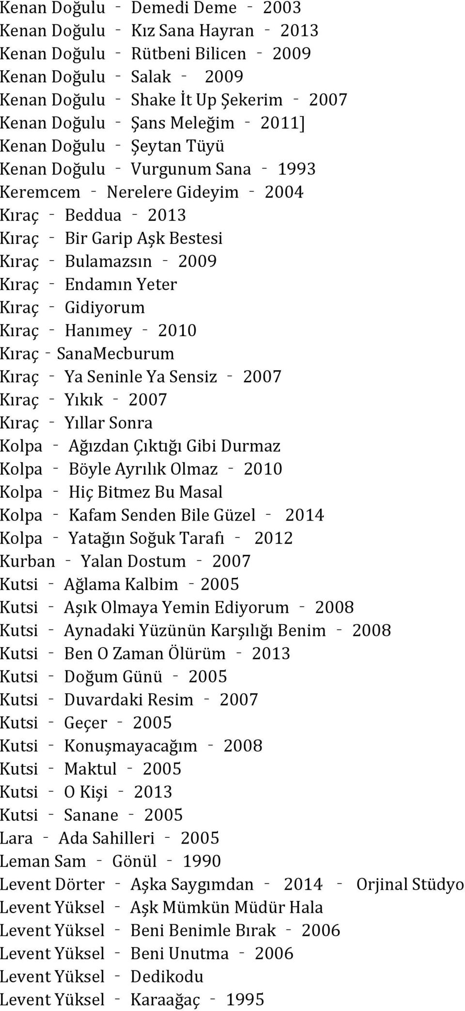 2010 Kıraç SanaMecburum Kıraç Ya Seninle Ya Sensiz 2007 Kıraç Yıkık 2007 Kıraç Yıllar Sonra Kolpa Ağızdan Çıktığı Gibi Durmaz Kolpa Böyle Ayrılık Olmaz 2010 Kolpa Hiç Bitmez Bu Masal Kolpa Kafam