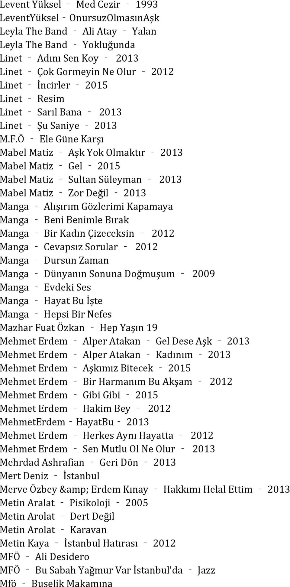 Ö Ele Güne Karşı Mabel Matiz Aşk Yok Olmaktır 2013 Mabel Matiz Gel 2015 Mabel Matiz Sultan Süleyman 2013 Mabel Matiz Zor Değil 2013 Manga Alışırım Gözlerimi Kapamaya Manga Beni Benimle Bırak Manga