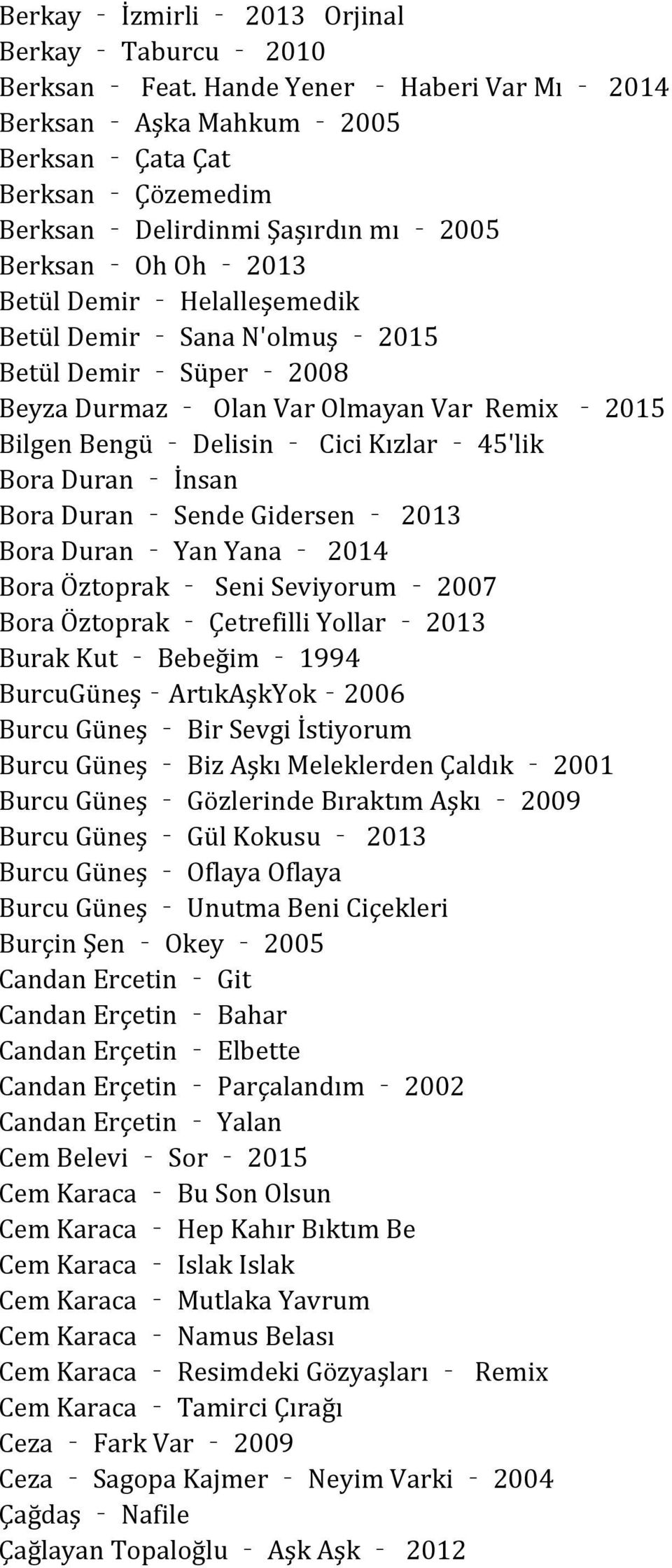 2015 Betül Demir Süper 2008 Beyza Durmaz Olan Var Olmayan Var Remix 2015 Bilgen Bengü Delisin Cici Kızlar 45'lik Bora Duran İnsan Bora Duran Sende Gidersen 2013 Bora Duran Yan Yana 2014 Bora Öztoprak