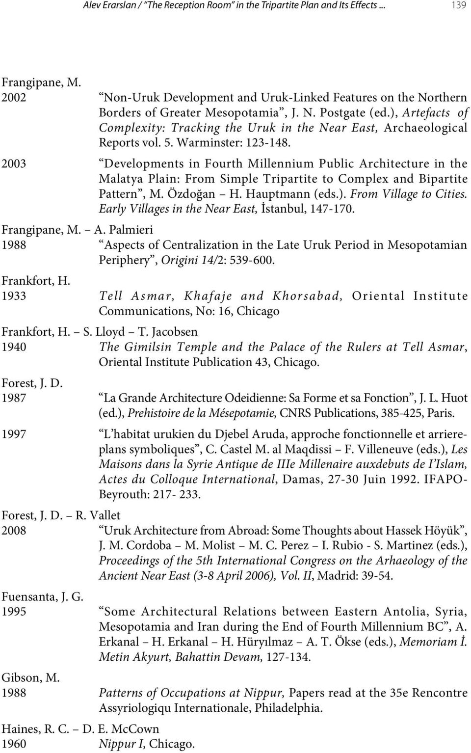 2003 Developments in Fourth Millennium Public Architecture in the Malatya Plain: From Simple Tripartite to Complex and Bipartite Pattern, M. Özdoğan H. Hauptmann (eds.). From Village to Cities.