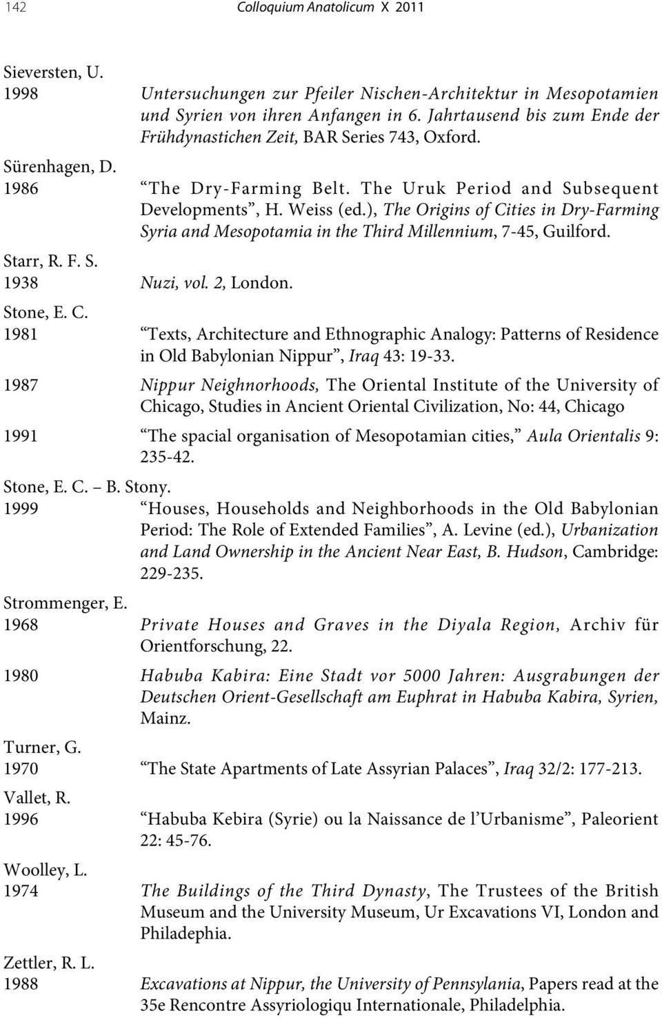 ), The Origins of Cities in Dry-Farming Syria and Mesopotamia in the Third Millennium, 7-45, Guilford. Starr, R. F. S. 1938 Nuzi, vol. 2, London. Stone, E. C. 1981 Texts, Architecture and Ethnographic Analogy: Patterns of Residence in Old Babylonian Nippur, Iraq 43: 19-33.