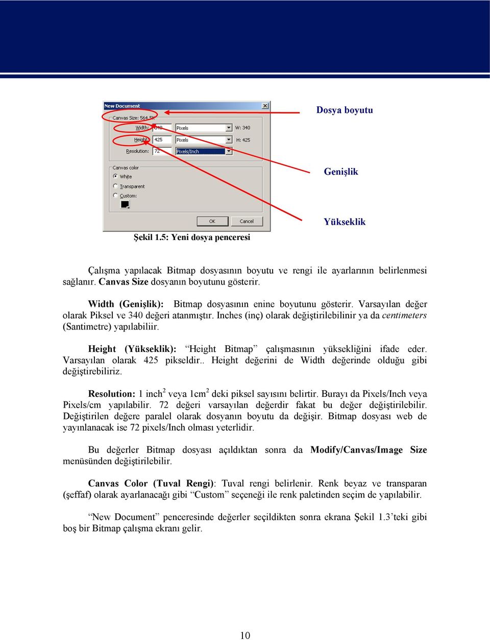 Inches (inç) olarak değiştirilebilinir ya da centimeters (Santimetre) yapılabiliir. Height (Yükseklik): Height Bitmap çalışmasının yüksekliğini ifade eder. Varsayılan olarak 425 pikseldir.