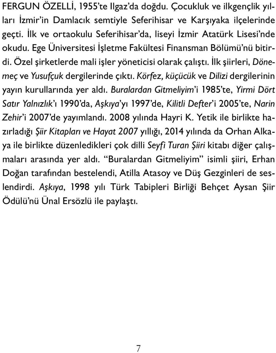 İlk şiirleri, Dönemeç ve Yusufçuk dergilerinde çıktı. Körfez, küçücük ve Dilizi dergilerinin yayın kurullarında yer aldı.