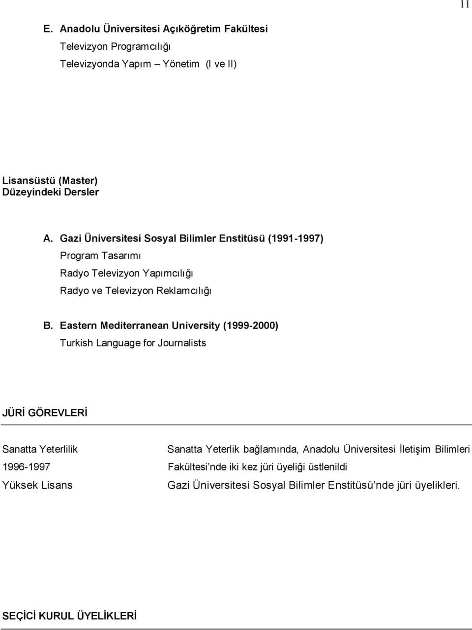 Eastern Mediterranean University (1999-2000) Turkish Language for Journalists JÜRİ GÖREVLERİ Sanatta Yeterlilik Sanatta Yeterlik bağlamında, Anadolu