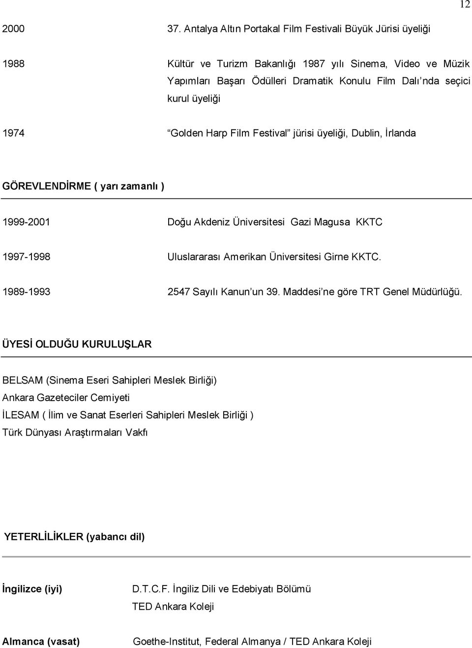 üyeliği 1974 Golden Harp Film Festival jürisi üyeliği, Dublin, İrlanda GÖREVLENDİRME ( yarı zamanlı ) 1999-2001 Doğu Akdeniz Üniversitesi Gazi Magusa KKTC 1997-1998 Uluslararası Amerikan Üniversitesi