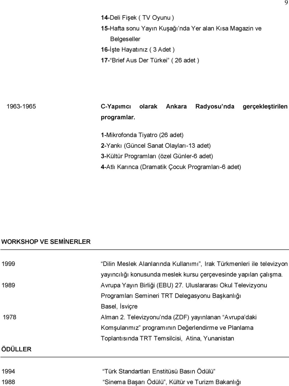 1-Mikrofonda Tiyatro (26 adet) 2-Yankı (Güncel Sanat Olayları-13 adet) 3-Kültür Programları (özel Günler-6 adet) 4-Atlı Karınca (Dramatik Çocuk Programları-6 adet) WORKSHOP VE SEMİNERLER 1999 Dilin