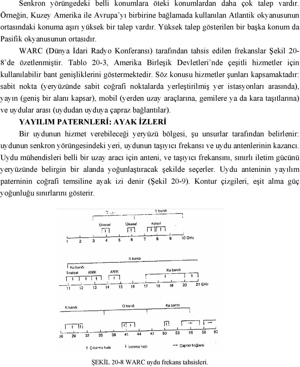 Yüksek talep gösterilen bir başka knum da Pasifik kyanusunun rtasıdır. WARC (Dünya İdari Rady Knferansı) tarafından tahsis edilen frekanslar Şekil 20-8 de özetlenmiştir.