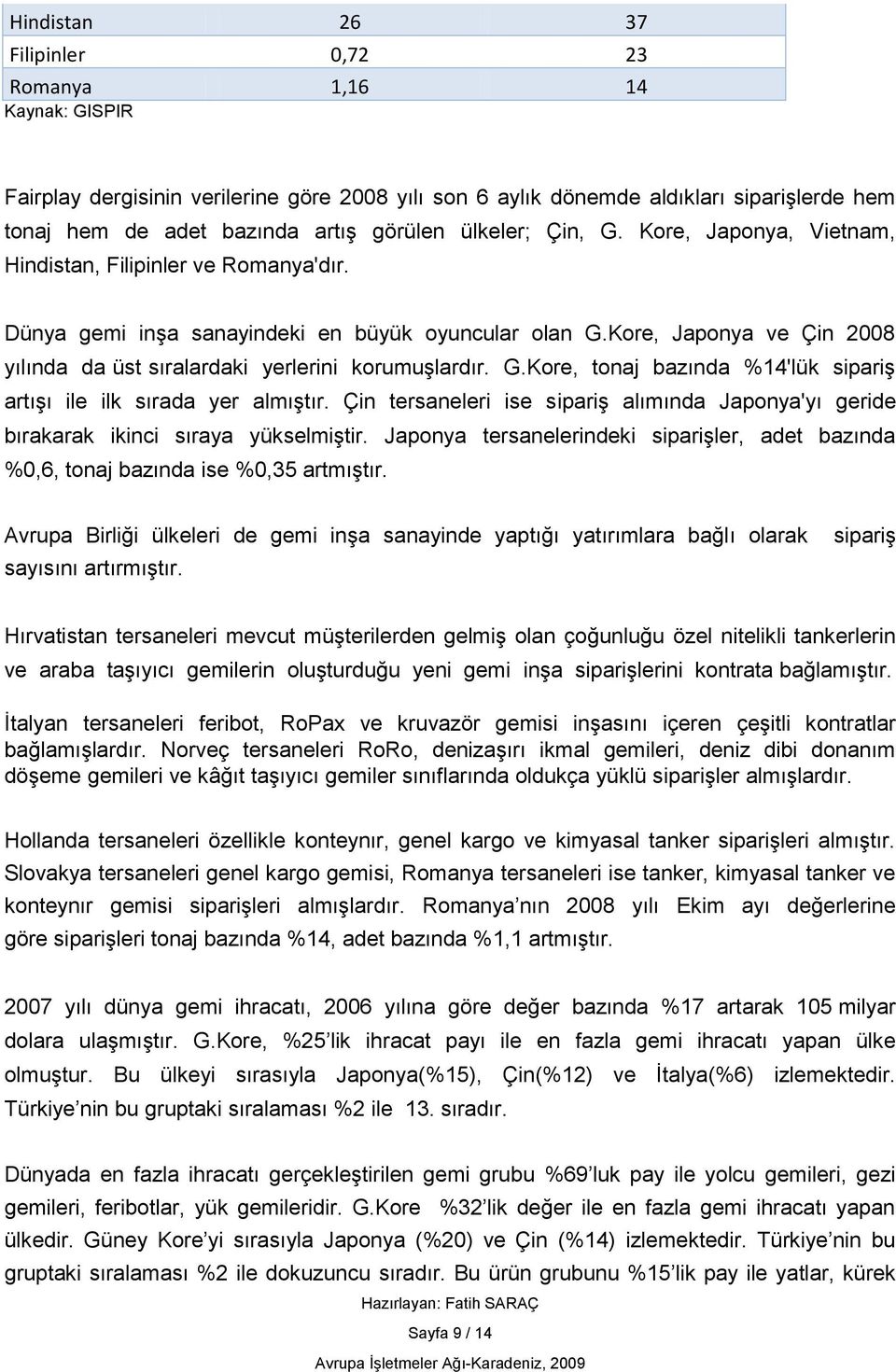 Kore, Japonya ve Çin 2008 yılında da üst sıralardaki yerlerini korumuşlardır. G.Kore, tonaj bazında %14'lük sipariş artışı ile ilk sırada yer almıştır.