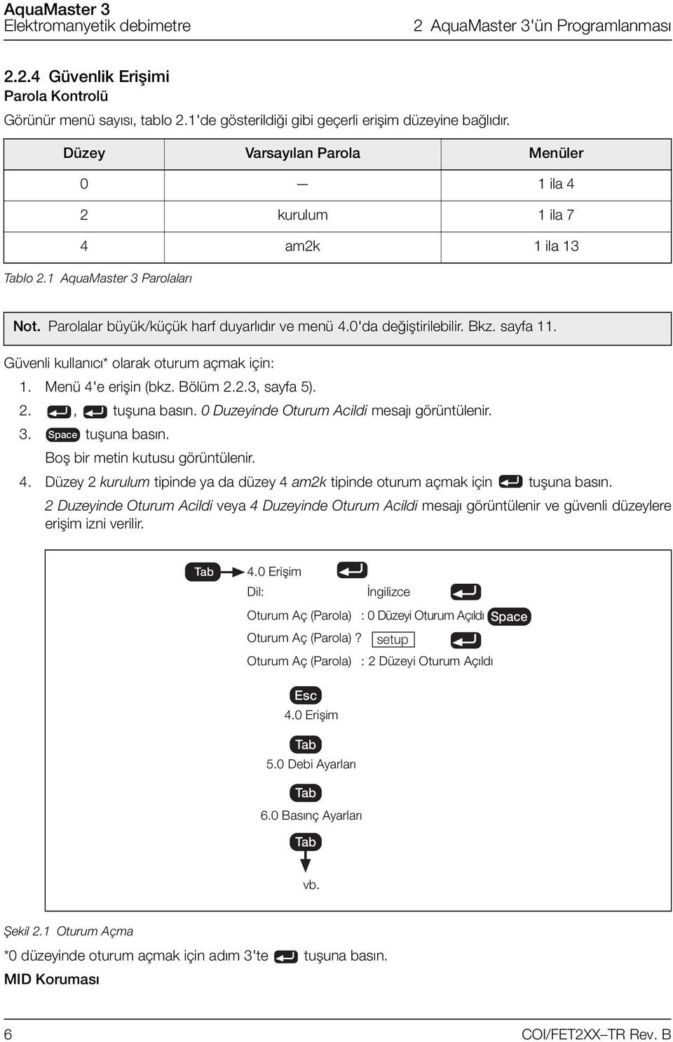 Güvenli kullanıcı* olarak oturum açmak için: 1. Menü 4'e erişin (bkz. Bölüm 2.2.3, sayfa 5). 2., tuşuna basın. 0 Duzeyinde Oturum Acildi mesajı görüntülenir. 3. Space tuşuna basın.