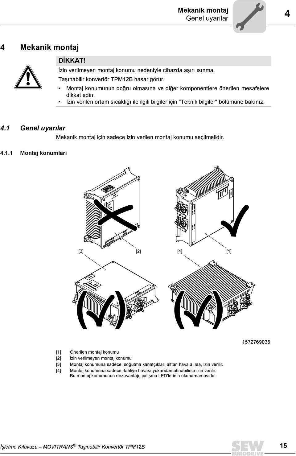 1 Genel uyarılar Mekanik montaj için sadece izin verilen montaj konumu seçilmelidir. 4.1.1 konumları [3] [2] [4] [1] ( ) ( ) 1572769035 [1] Önerilen montaj konumu [2] izin verilmeyen montaj konumu [3] konumuna sadece, soğutma kanatçıkları alttan hava alırsa, izin verilir.