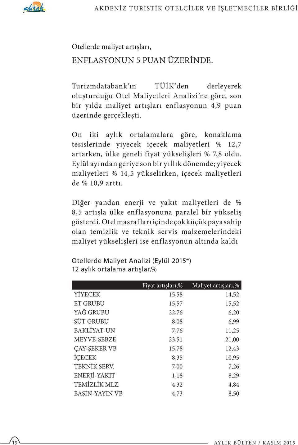 On iki aylık ortalamalara göre, konaklama tesislerinde yiyecek içecek maliyetleri % 12,7 artarken, ülke geneli fiyat yükselişleri % 7,8 oldu.