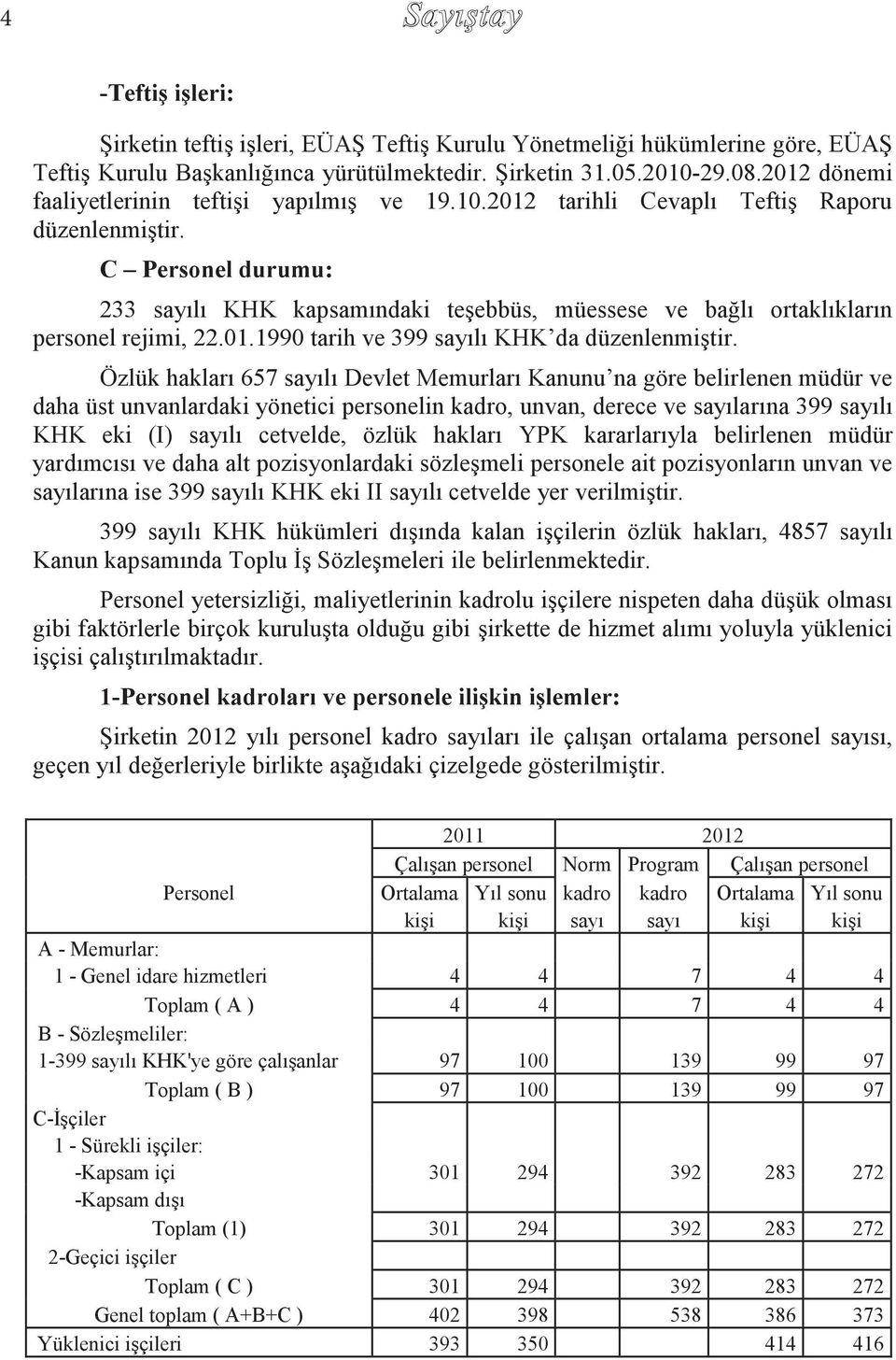 C Personel durumu: 233 sayılı KHK kapsamındaki teşebbüs, müessese ve bağlı ortaklıkların personel rejimi, 22.01.1990 tarih ve 399 sayılı KHK da düzenlenmiştir.