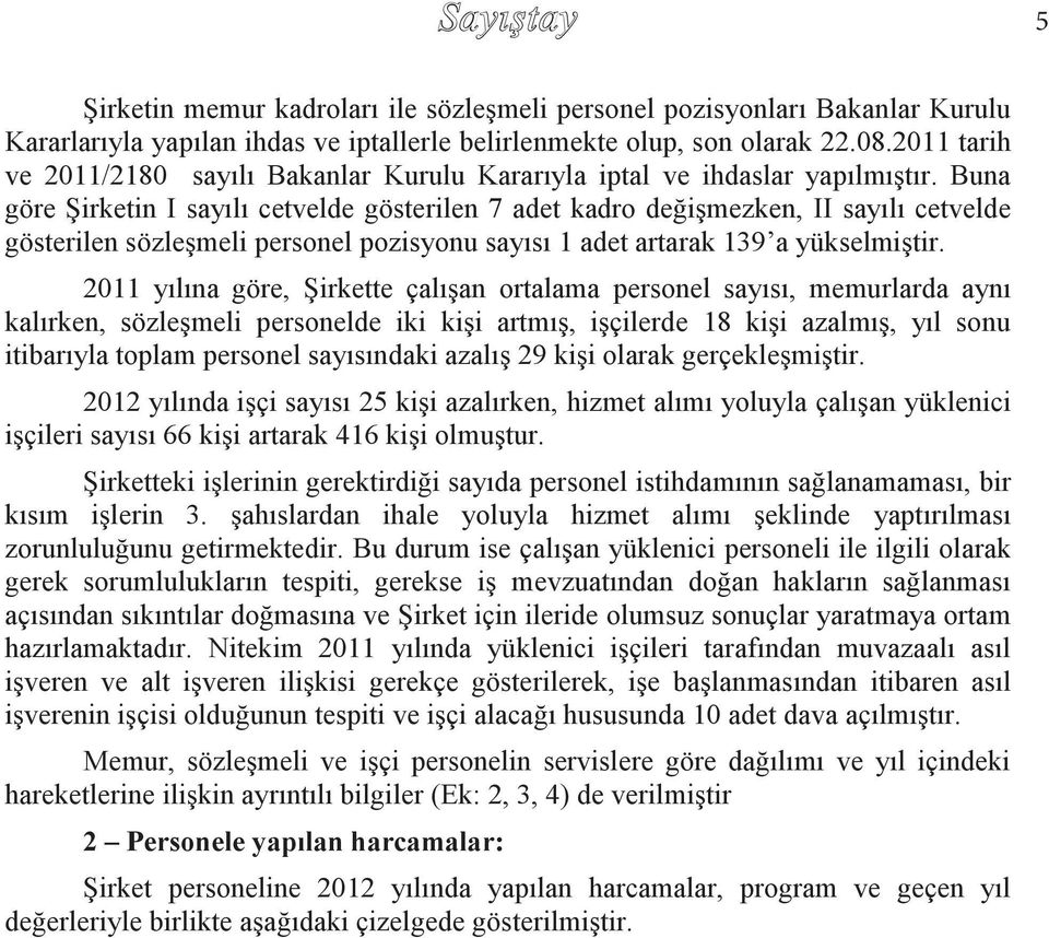 Buna göre Şirketin I sayılı cetvelde gösterilen 7 adet kadro değişmezken, II sayılı cetvelde gösterilen sözleşmeli personel pozisyonu sayısı 1 adet artarak 139 a yükselmiştir.