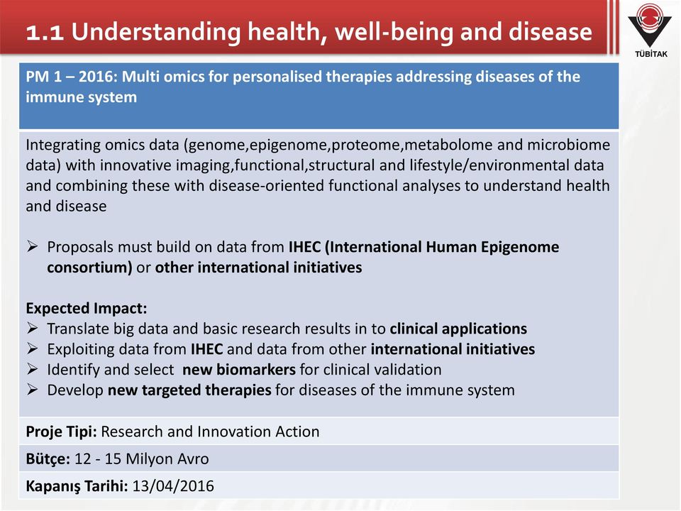 to understand health and disease Proposals must build on data from IHEC (International Human Epigenome consortium) or other international initiatives Expected Impact: Translate big data and basic