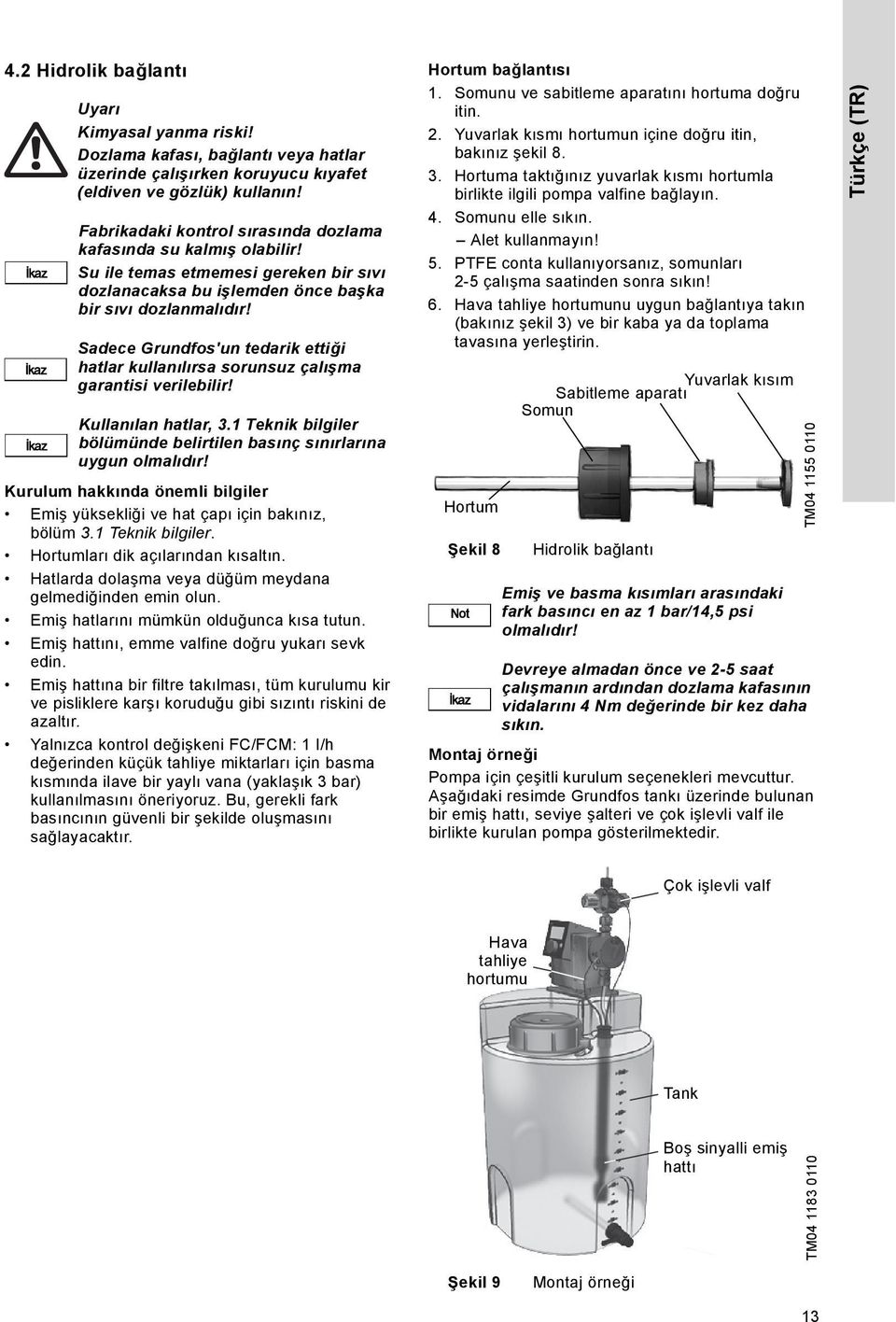 Sadece Grundfos'un tedarik ettiği hatlar kullanılırsa sorunsuz çalışma garantisi verilebilir! Kullanılan hatlar, 3.1 Teknik bilgiler bölümünde belirtilen basınç sınırlarına uygun olmalıdır!