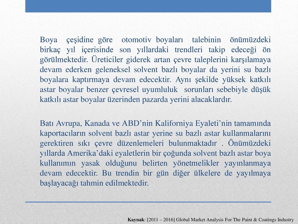 Aynı şekilde yüksek katkılı astar boyalar benzer çevresel uyumluluk sorunları sebebiyle düşük katkılı astar boyalar üzerinden pazarda yerini alacaklardır.