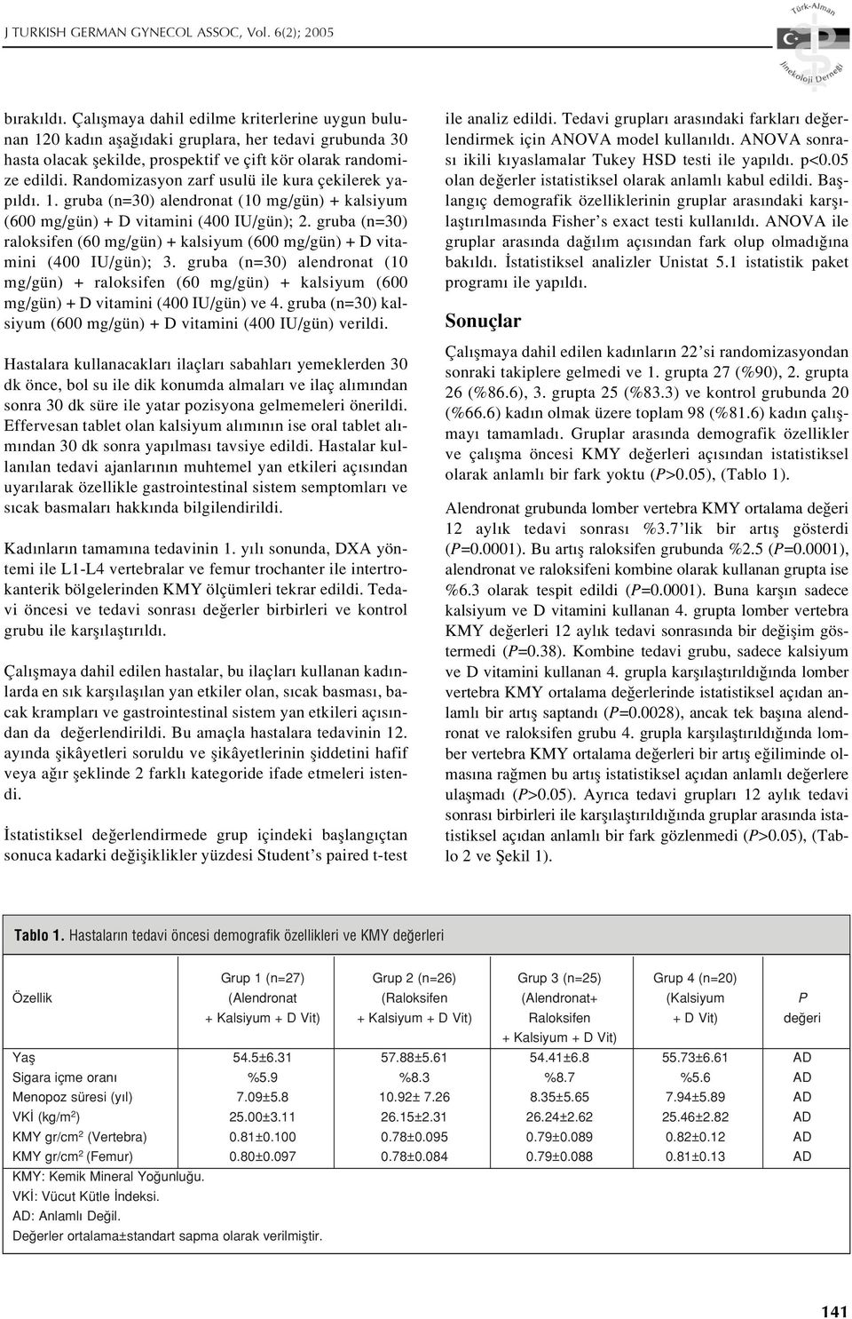 Randomizasyon zarf usulü ile kura çekilerek yap ld. 1. gruba (n=30) alendronat (10 mg/gün) + kalsiyum (600 mg/gün) + D vitamini (400 IU/gün); 2.