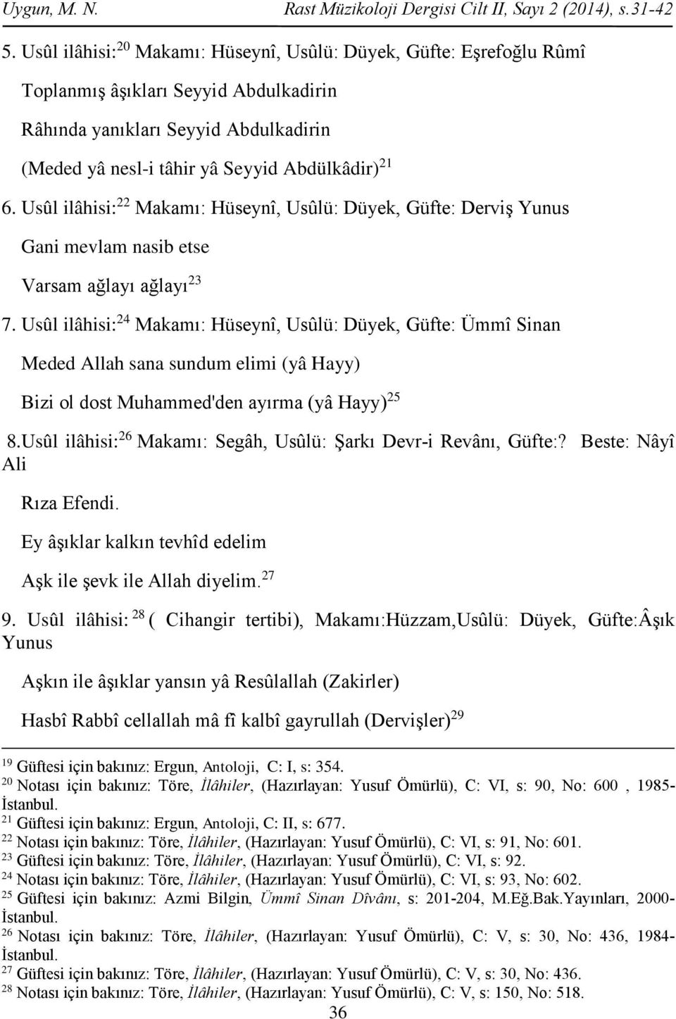 Usûl ilâhisi: 22 Makamı: Hüseynî, Usûlü: Düyek, Güfte: Derviş Yunus Gani mevlam nasib etse Varsam ağlayı ağlayı 23 7.