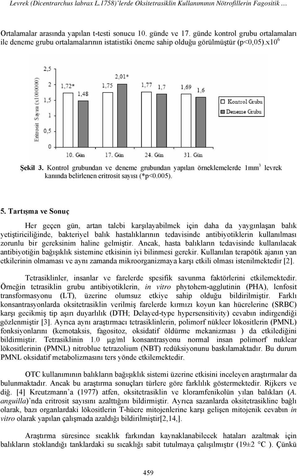 Kontrol grubundan ve deneme grubundan yapılan örneklemelerde 1mm 3 kanında belirlenen eritrosit sayısı (*p<0.005). levrek 5.