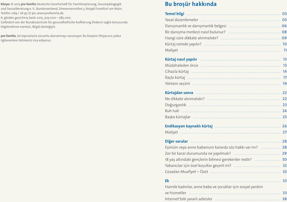 pro familia, kıt kaynaklarla sorumlu davranmayı savunuyor. Bu broşüre ihtiyacınız yoksa ilgilenenlere iletmenizi rica ediyoruz.