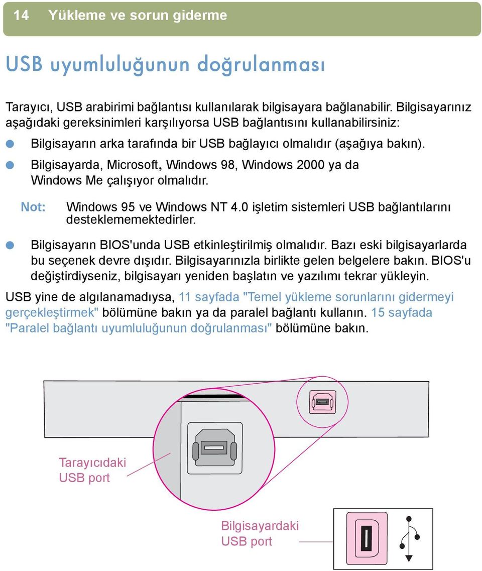 Bilgisayarda, Microsoft, Windows 98, Windows 2000 ya da Windows Me çalõşõyor olmalõdõr. Not: Windows 95 ve Windows NT 4.0 işletim sistemleri USB bağlantõlarõnõ desteklememektedirler.