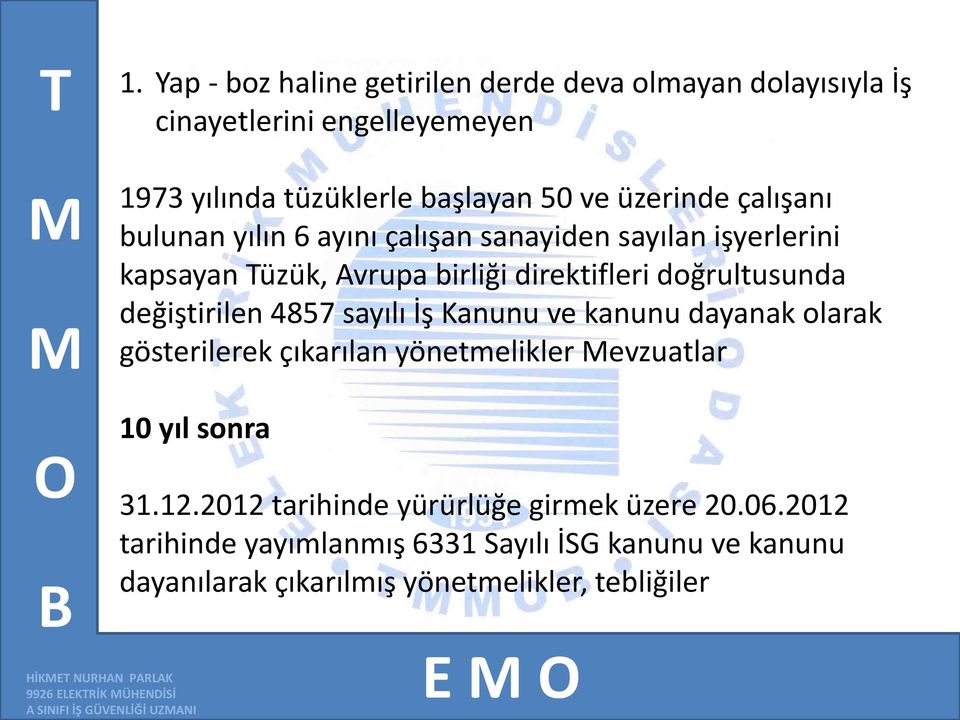 ve kanunu dayanak olarak gösterilerek çıkarılan yönetmelikler evzuatlar 10 yıl sonra 31.12.2012 tarihinde yürürlüğe girmek üzere 20.06.