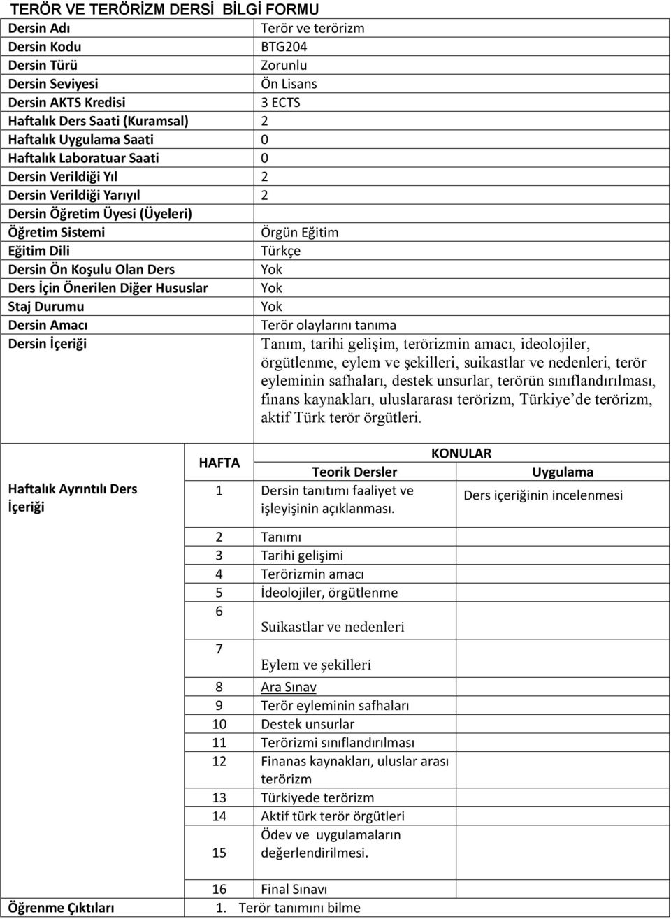 Ders Ders İçin Önerilen Diğer Hususlar Staj Durumu Dersin Amacı Terör olaylarını tanıma Dersin İçeriği Tanım, tarihi gelişim, terörizmin amacı, ideolojiler, örgütlenme, eylem ve şekilleri, suikastlar